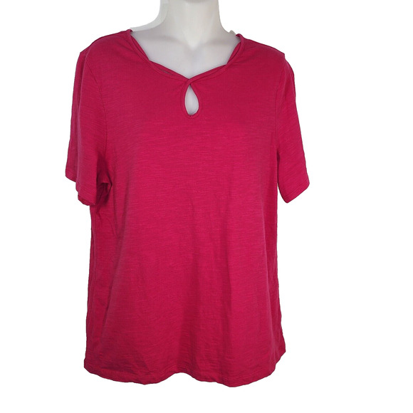 Chico's Womens Top Size 1 Medium Fancy Keyhole Neckline Pink Cotton Short Sleeve - Picture 1 of 10